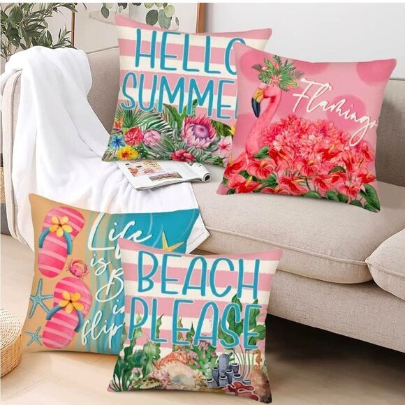 Hello Summer Pillow Covers 24x24 Inch Set of 4 Pink Summer Decorations Throw - Picture 2 of 6
